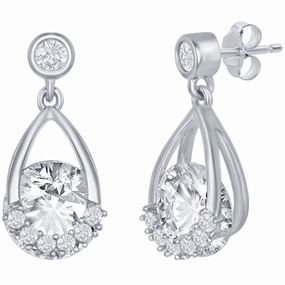 Classic Women's Earrings - Sterling Silver Pearshaped Round Spinning White CZ | D-7627
