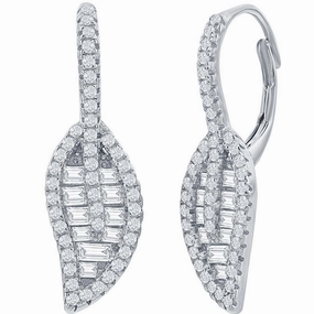 Classic Women's Earrings - Sterling Silver Round and Baguette White CZ Leaf | D-7991