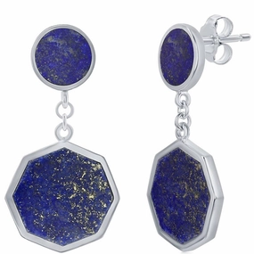 Classic Women's Earrings - Sterling Silver Round and Hexagon Shaped Lapis | D-7812