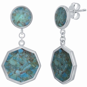 Classic Women's Earrings - Sterling Silver Round and Hexagon Shaped Turquoise | D-7811