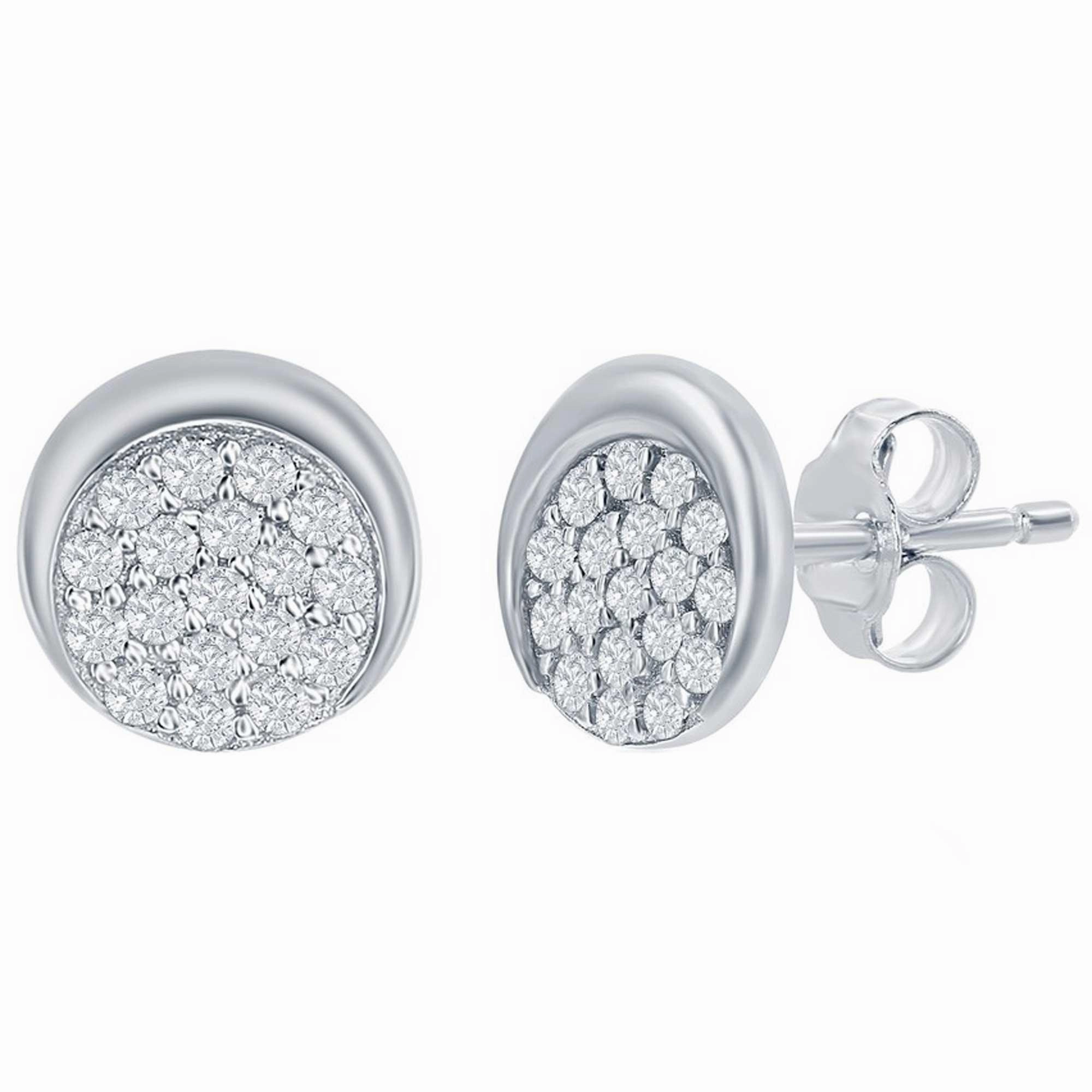 Classic Women's Earrings - Sterling Silver Round CZ Half Moon Stud | D-8396