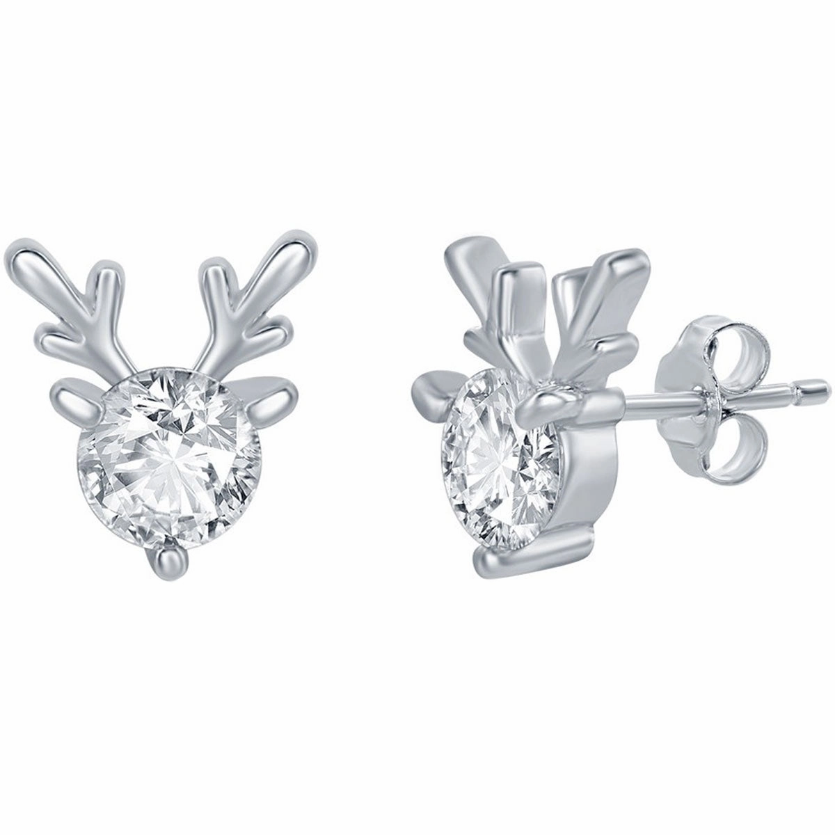 Classic Women's Earrings - Sterling Silver Round CZ with Reindeer Antlers | D-7846