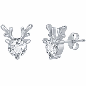 Classic Women's Earrings - Sterling Silver Round CZ with Reindeer Antlers | D-7846