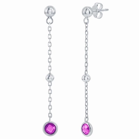 Classic Women's Earrings - Sterling Silver Ruby Bezel-Set CZ and Bead Chain | D-8377