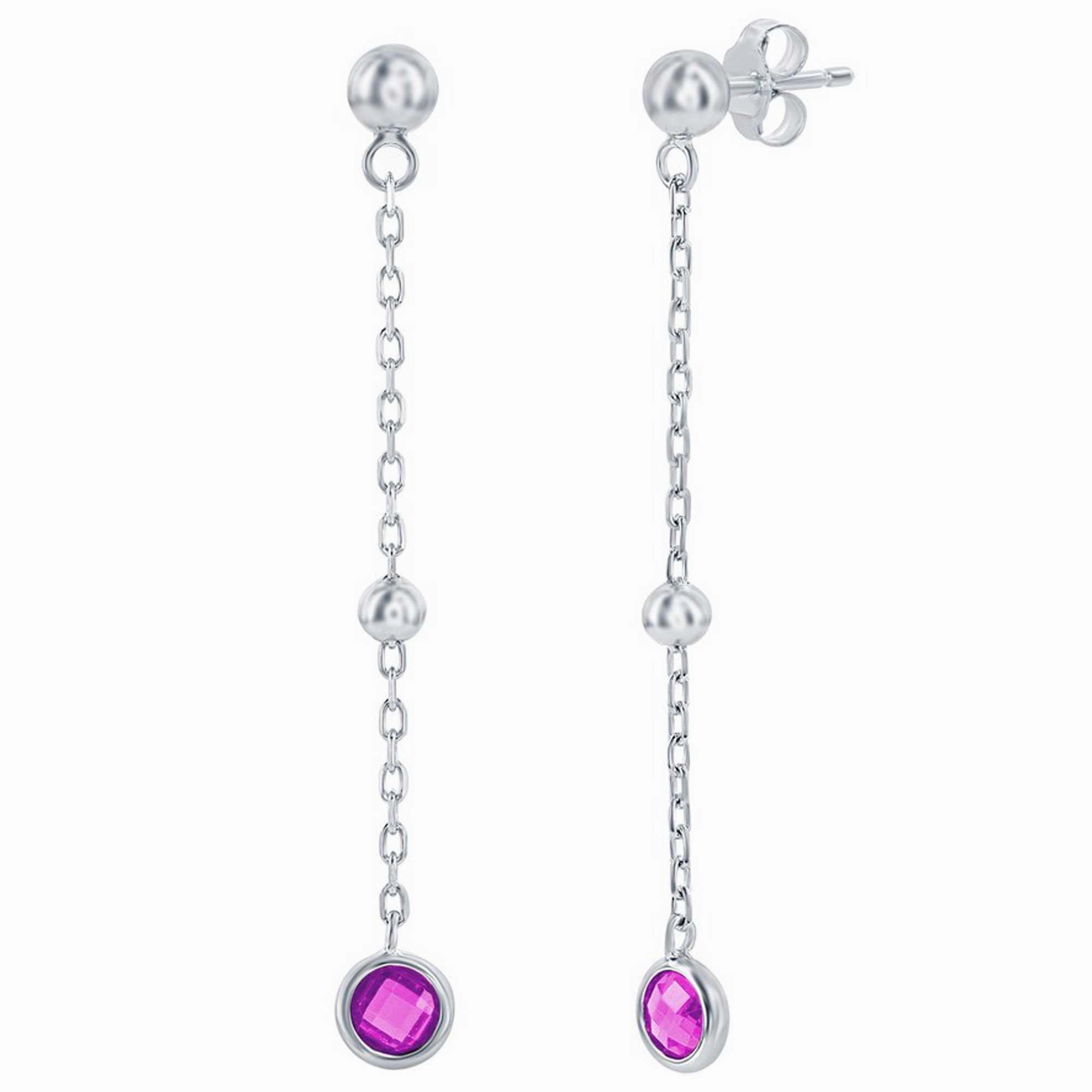 Classic Women's Earrings - Sterling Silver Ruby Bezel-Set CZ and Bead Chain | D-8377