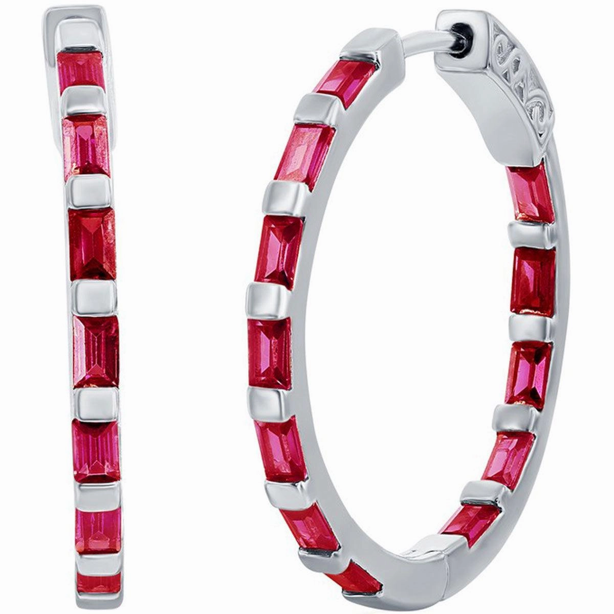 Classic Women's Earrings - Sterling Silver Ruby CZ Baguette CZ 25mm Hoop | D-8201