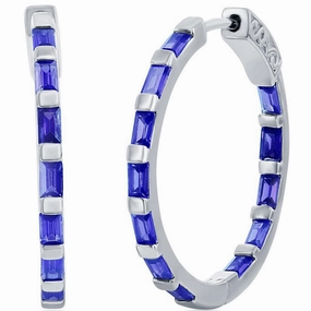 Classic Women's Earrings - Sterling Silver Sapphire CZ Baguette 25mm Hoop | D-8200