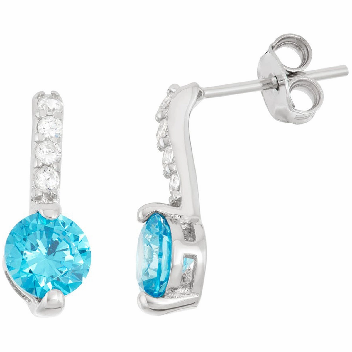 Classic Women's Earrings - Sterling Silver Thin Bar with Round Light Blue CZ | D-5946