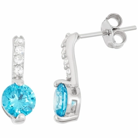 Classic Women's Earrings - Sterling Silver Thin Bar with Round Light Blue CZ | D-5946
