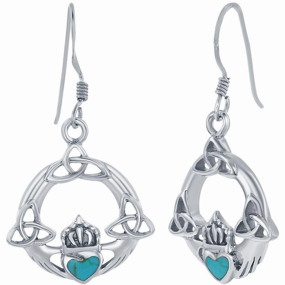 Classic Women's Earrings - Sterling Silver Turquoise Heart Celtic Claddagh | D-8092