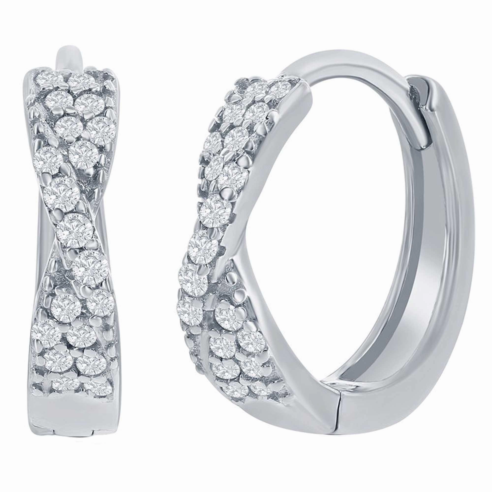 Classic Women's Earrings - Sterling Silver Twisted CZ 14mm Huggie Hoop | D-8325