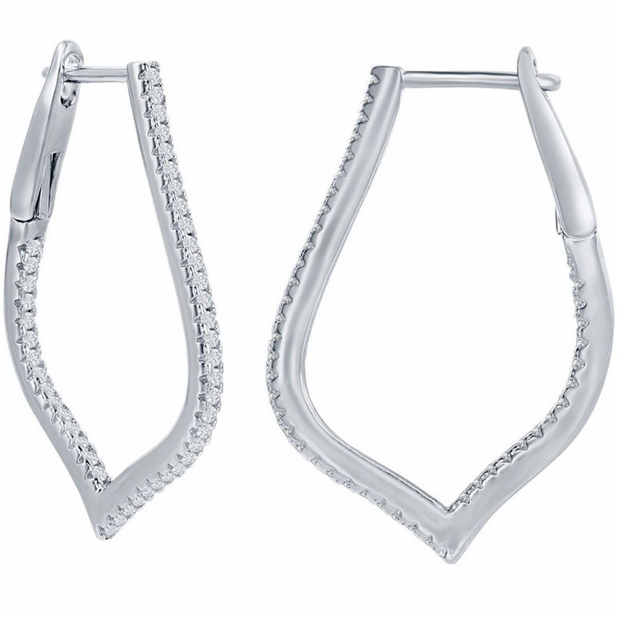Classic Women's Earrings - Sterling Silver Ultra Thin 30mm CZ Marquise Hoop | D-7885