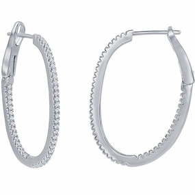 Classic Women's Earrings - Sterling Silver Ultra Thin 30mm CZ Oval Shape Hoop | D-7894