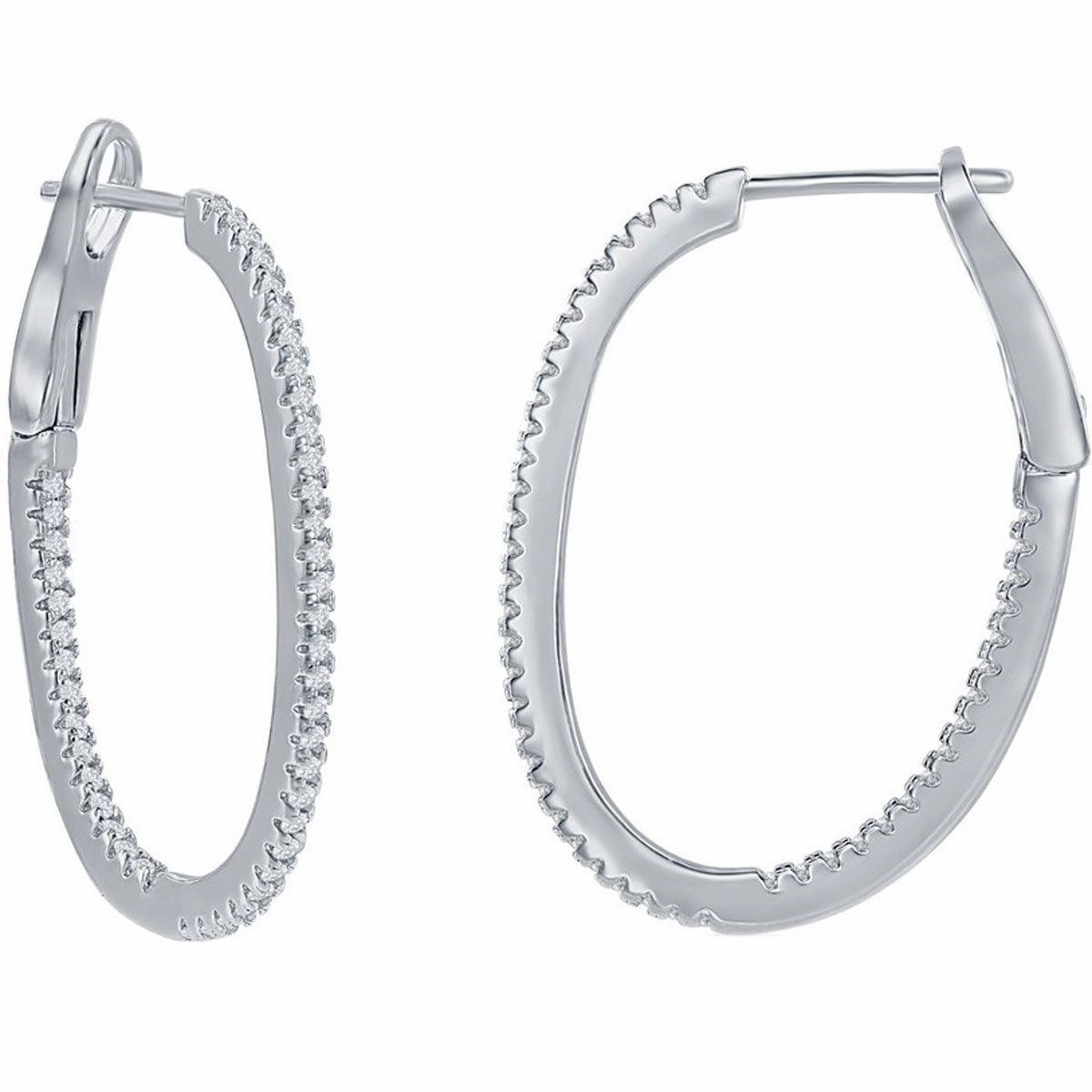 Classic Women's Earrings - Sterling Silver Ultra Thin 30mm CZ Oval Shape Hoop | D-7894