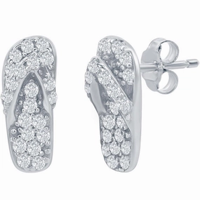 Classic Women's Earrings - Sterling Silver White CZ Flip Flop Stud Post Back | D-7986