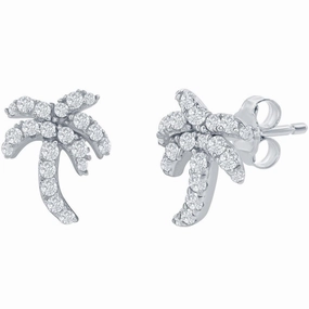 Classic Women's Earrings - Sterling Silver White CZ Palm Tree Stud Post Back | D-7987