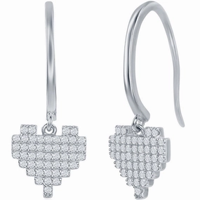 Classic Women's Earrings - Sterling Silver White CZ Pixel Heart Leverback | D-7851