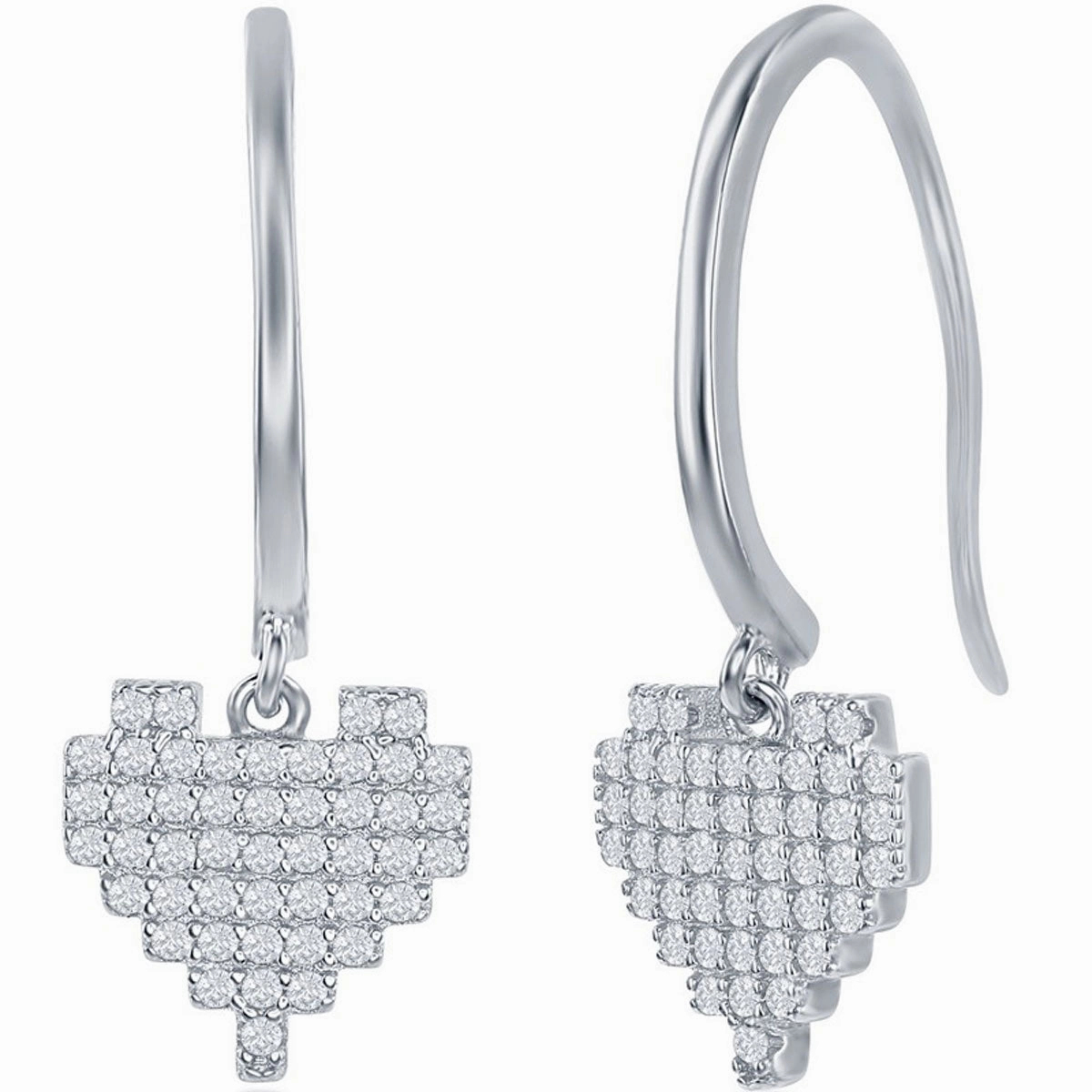 Classic Women's Earrings - Sterling Silver White CZ Pixel Heart Leverback | D-7851