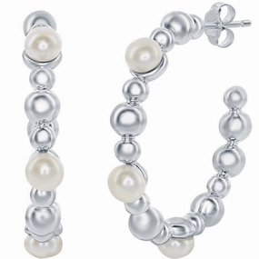 Classic Women's Earrings - Sterling Silver White FWP and Beaded 30mm Hoop | D-7829