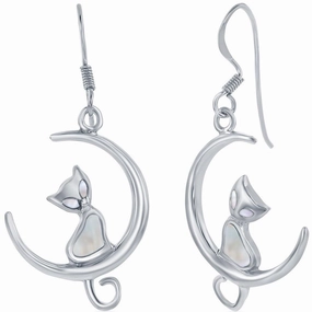Classic Women's Earrings - Sterling Silver White Mother of Pearl Cat on Moon | D-8030