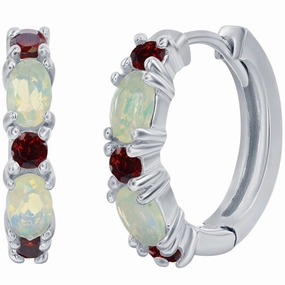 Classic Women's Earrings - Sterling Silver White Opal and Garnet 18mm Hoop | D-8196