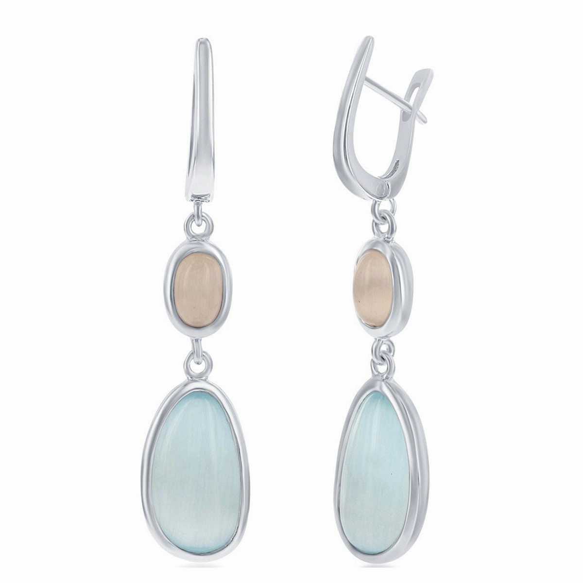 Classic Women's Earrings - Tiffany Blue and Oval Champagne Cat's Eye | SMD-7332