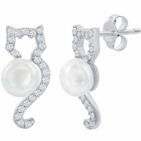 Classic Women's Earrings - White CZ Cat with Round Pearl Post Back Closure | D-7972