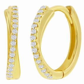 Classic Women's Earrings - YG Plated Sterling 'X' Design CZ 15mm Hoop | D-8324-GP