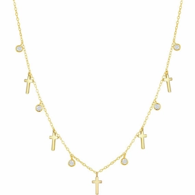 Classic Women's Necklace - Alternating GP Cross and Bezel-Set CZ | M-6802-GP