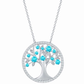 Classic Women's Necklace - Blue Topaz CZ December Birthstone Tree of Life | M-6771