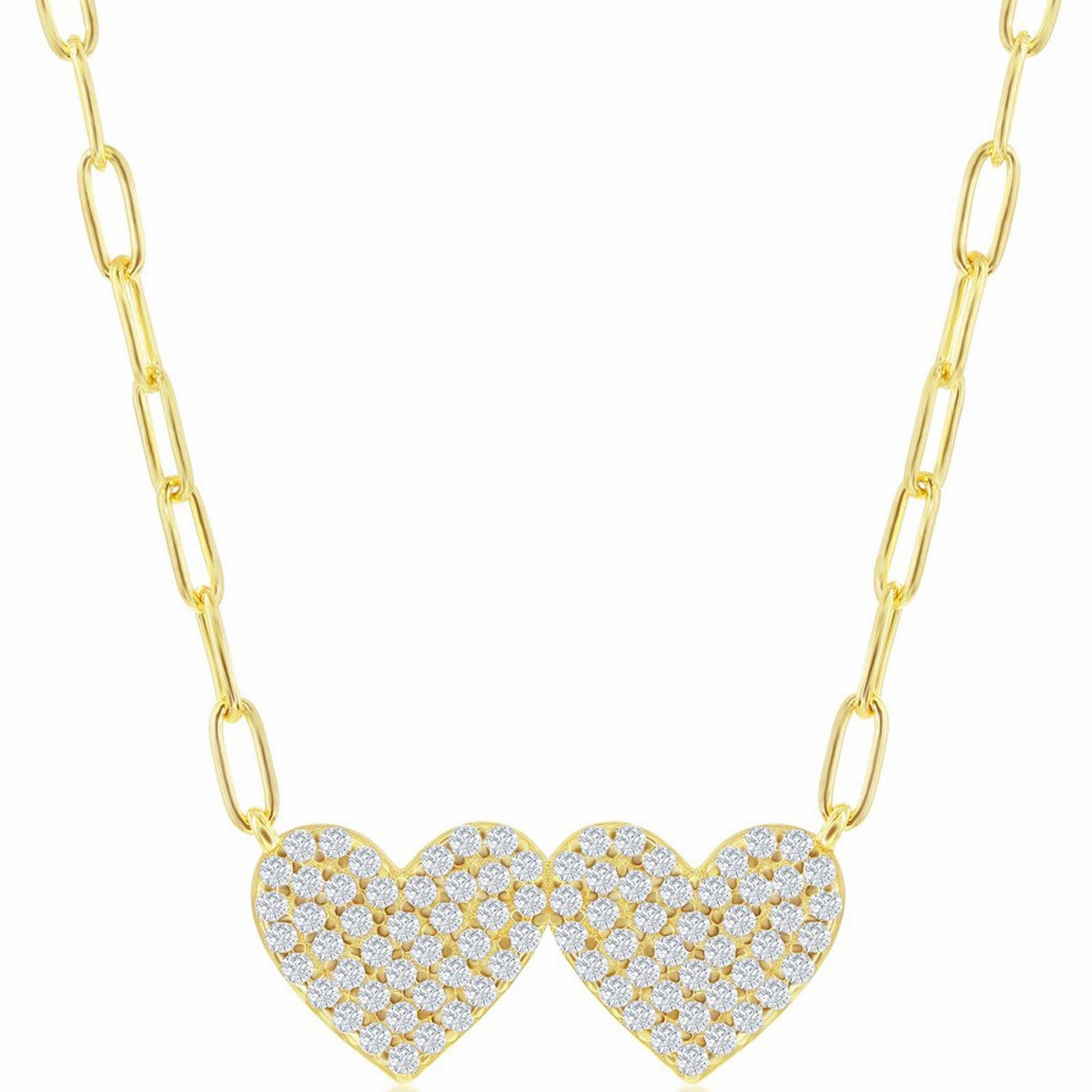 Classic Women's Necklace - Gold Plated Sterling Double Heart CZ Paperclip | M-6968