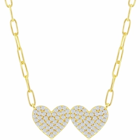 Classic Women's Necklace - Gold Plated Sterling Double Heart CZ Paperclip | M-6968