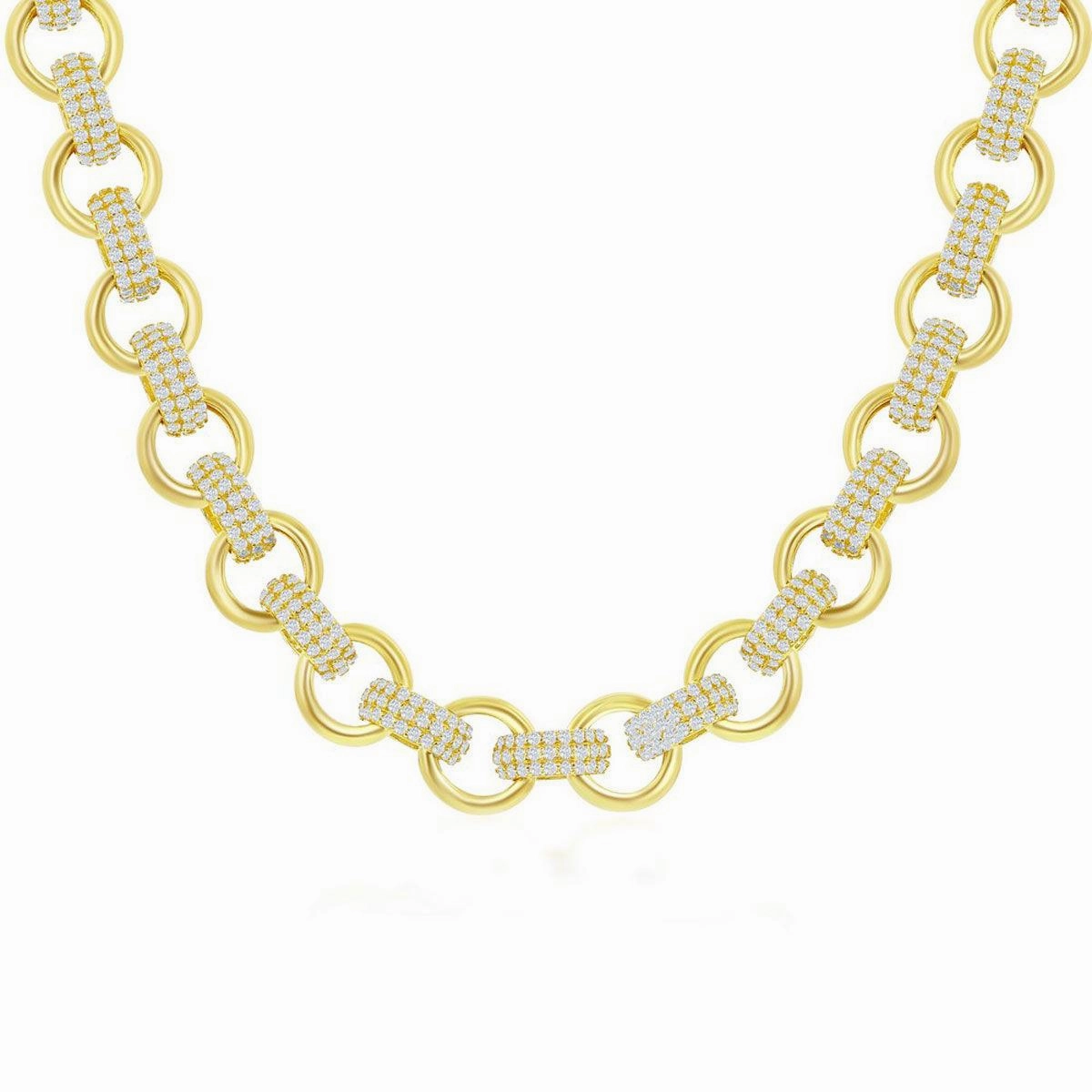 Classic Women's Necklace - Gold Plated Sterling Silver Micro Pave CZ Linked |M-6827-GP