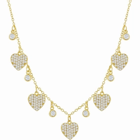 Classic Women's Necklace - Gold Plated Sterling Silver Round and Heart CZ | M-6810-GP