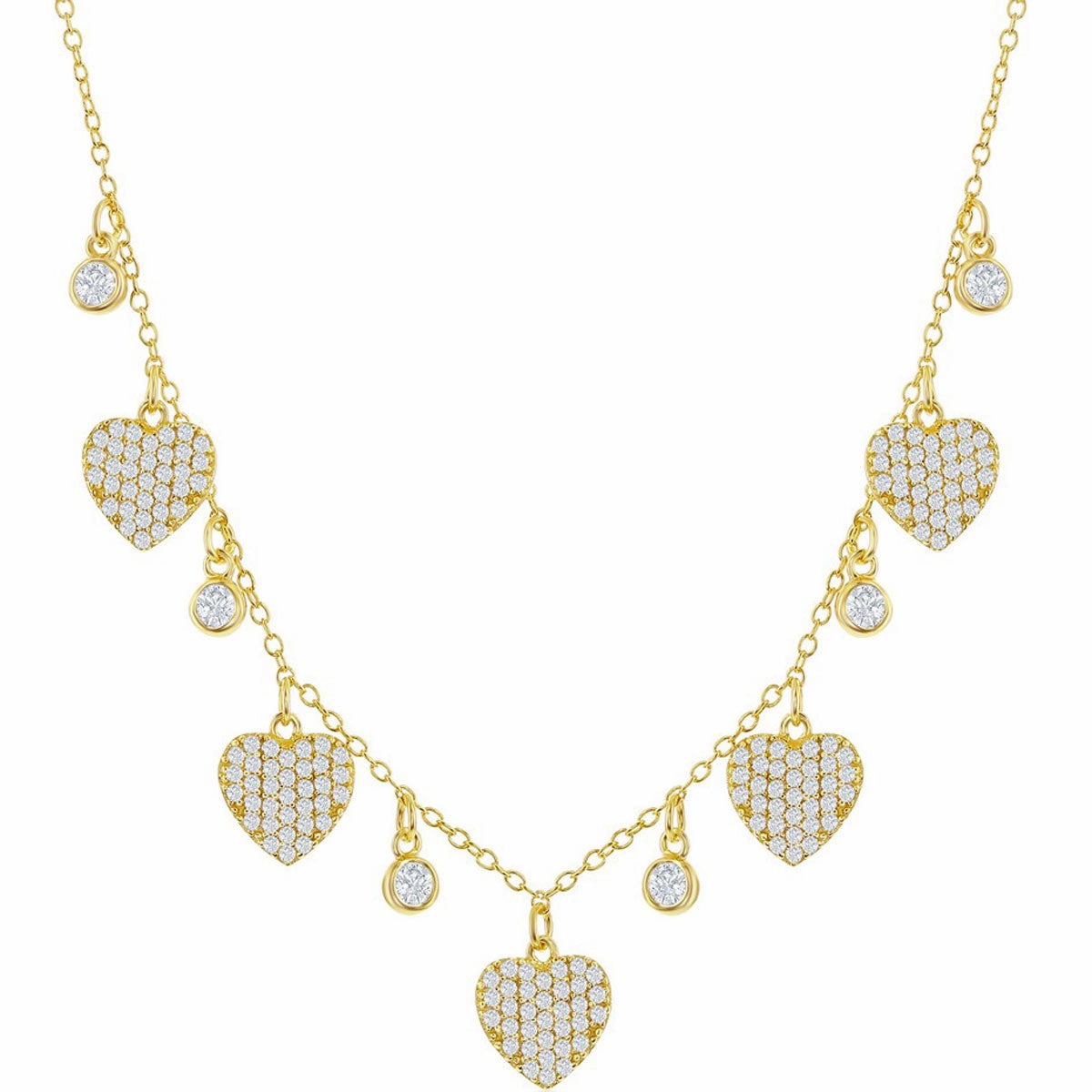 Classic Women's Necklace - Gold Plated Sterling Silver Round and Heart CZ | M-6810-GP