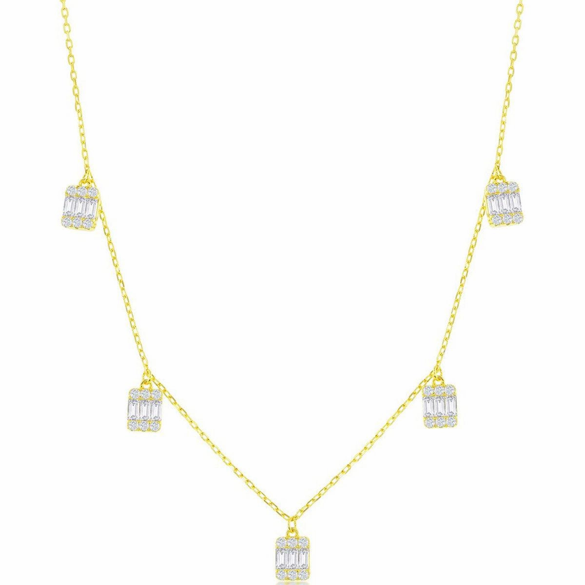 Classic Women's Necklace - GP Sterling Silver Baguette CZ Rectangle Charms | M-6926