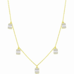 Classic Women's Necklace - GP Sterling Silver Baguette CZ Rectangle Charms | M-6926