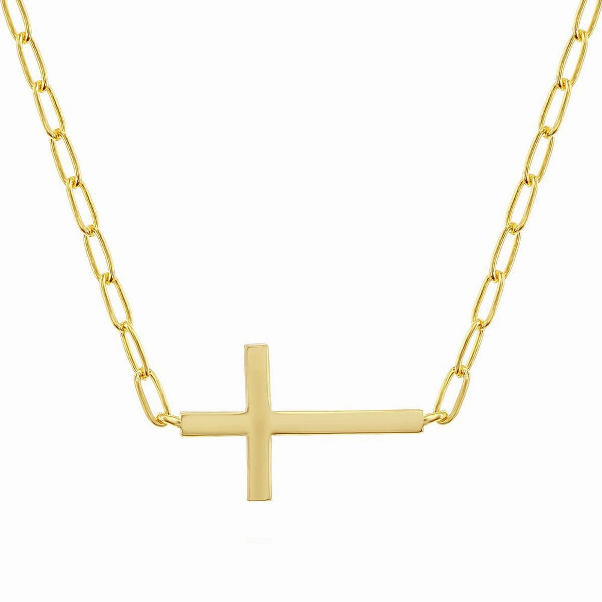 Classic Women's Necklace - GP Sterling Silver CZ Sideways Cross Paperclip | M-6977-GP