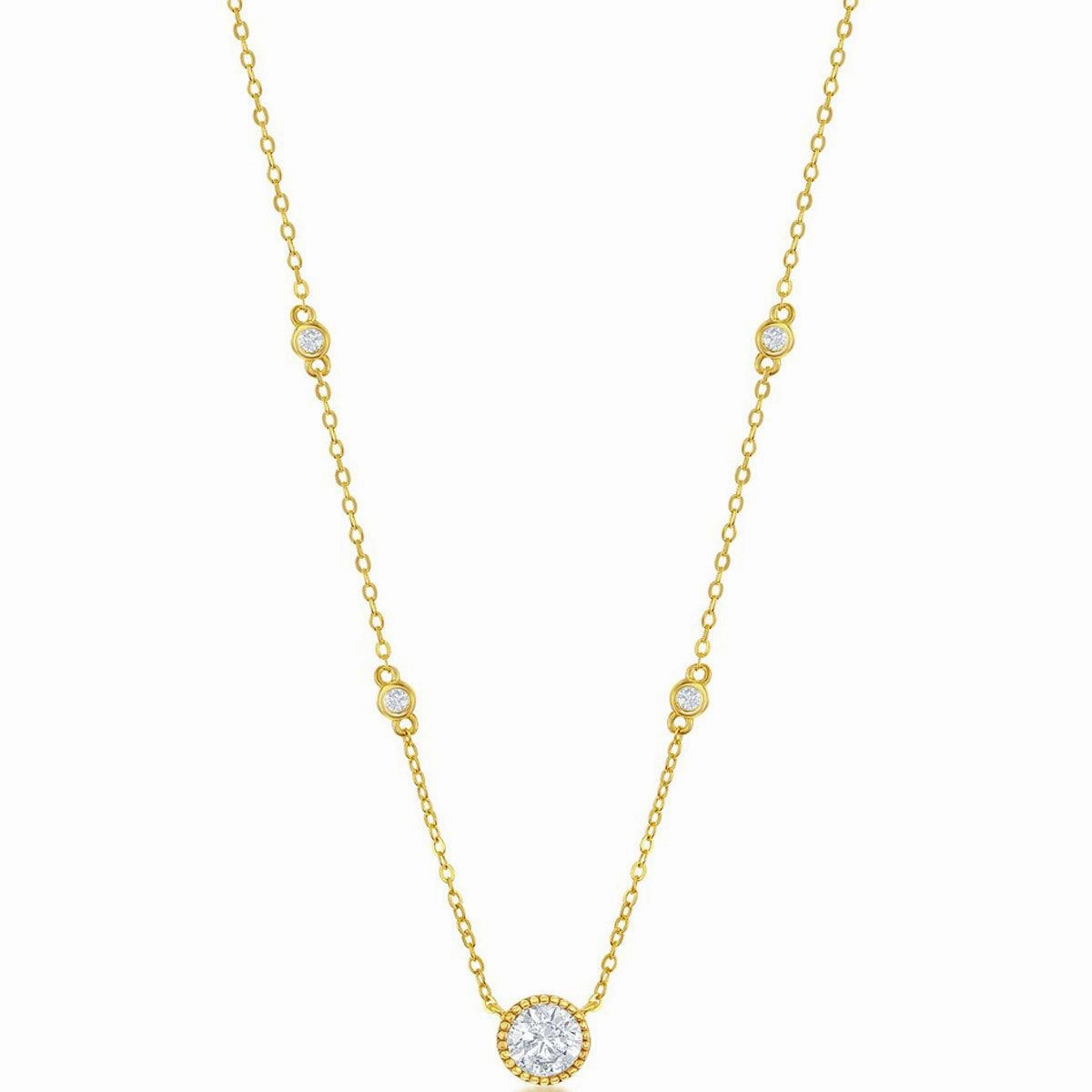 Classic Women's Necklace - GP Sterling Silver Round CZ Station | M-6886-GP