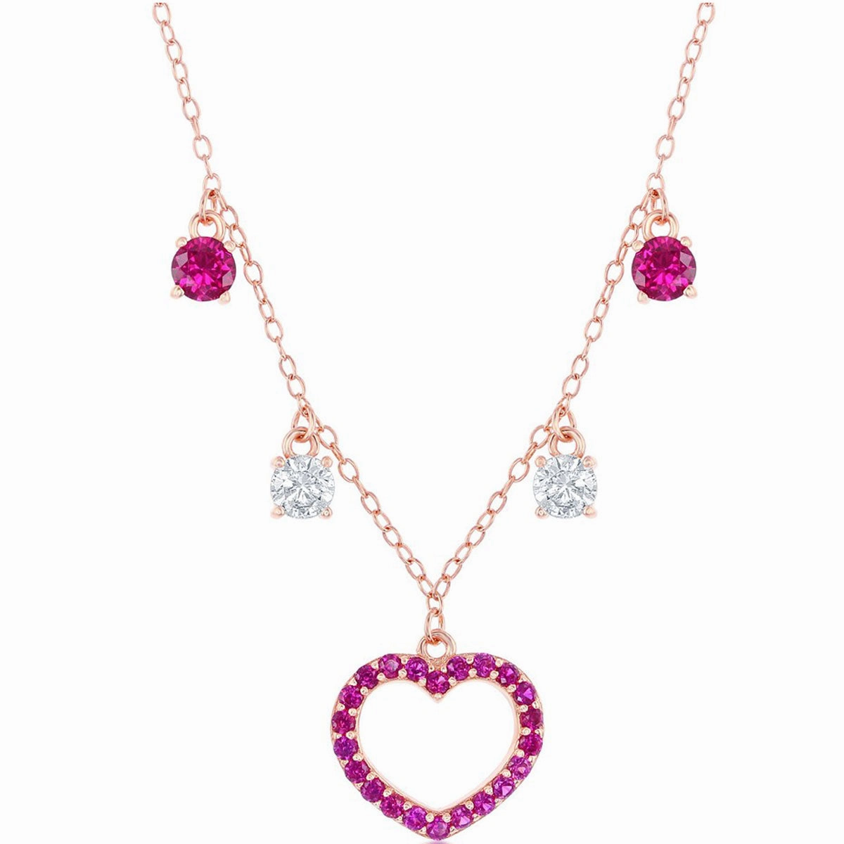 Classic Women's Necklace - RG Sterling Silver Station White and Ruby CZ Heart | M-6806