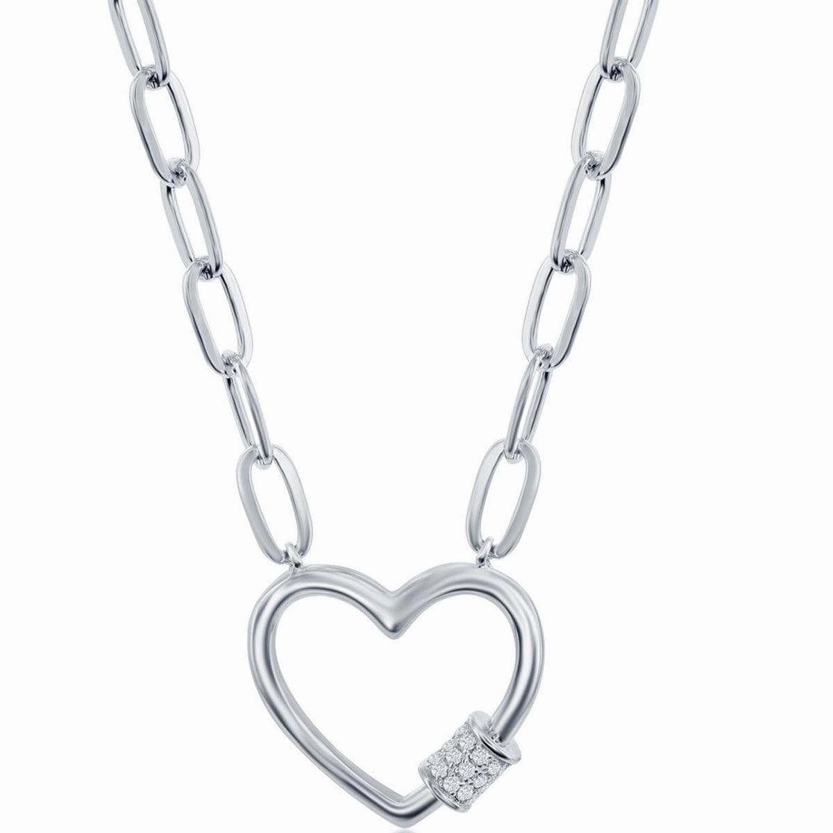 Classic Women's Necklace - Sterling Micro Pave CZ Heart Carabiner Paperclip | M-6778