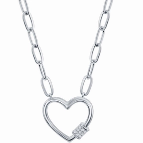 Classic Women's Necklace - Sterling Micro Pave CZ Heart Carabiner Paperclip | M-6778