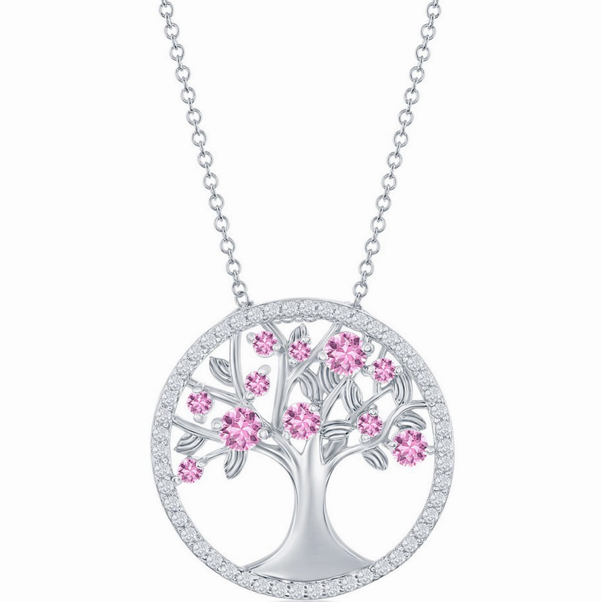 Classic Women's Necklace - Sterling Pink CZ October Birthstone Tree of Life | M-6769
