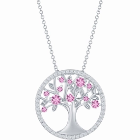 Classic Women's Necklace - Sterling Pink CZ October Birthstone Tree of Life | M-6769