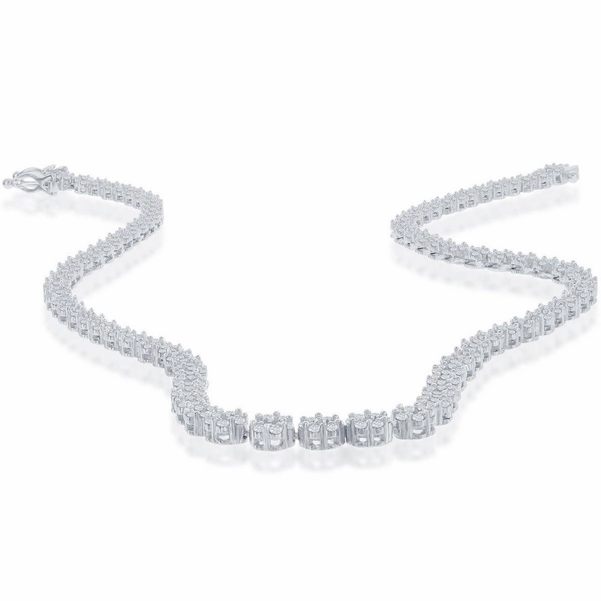 Classic Women's Necklace - Sterling Silver 4mm Graduating Flower CZ Tennis | M-6792