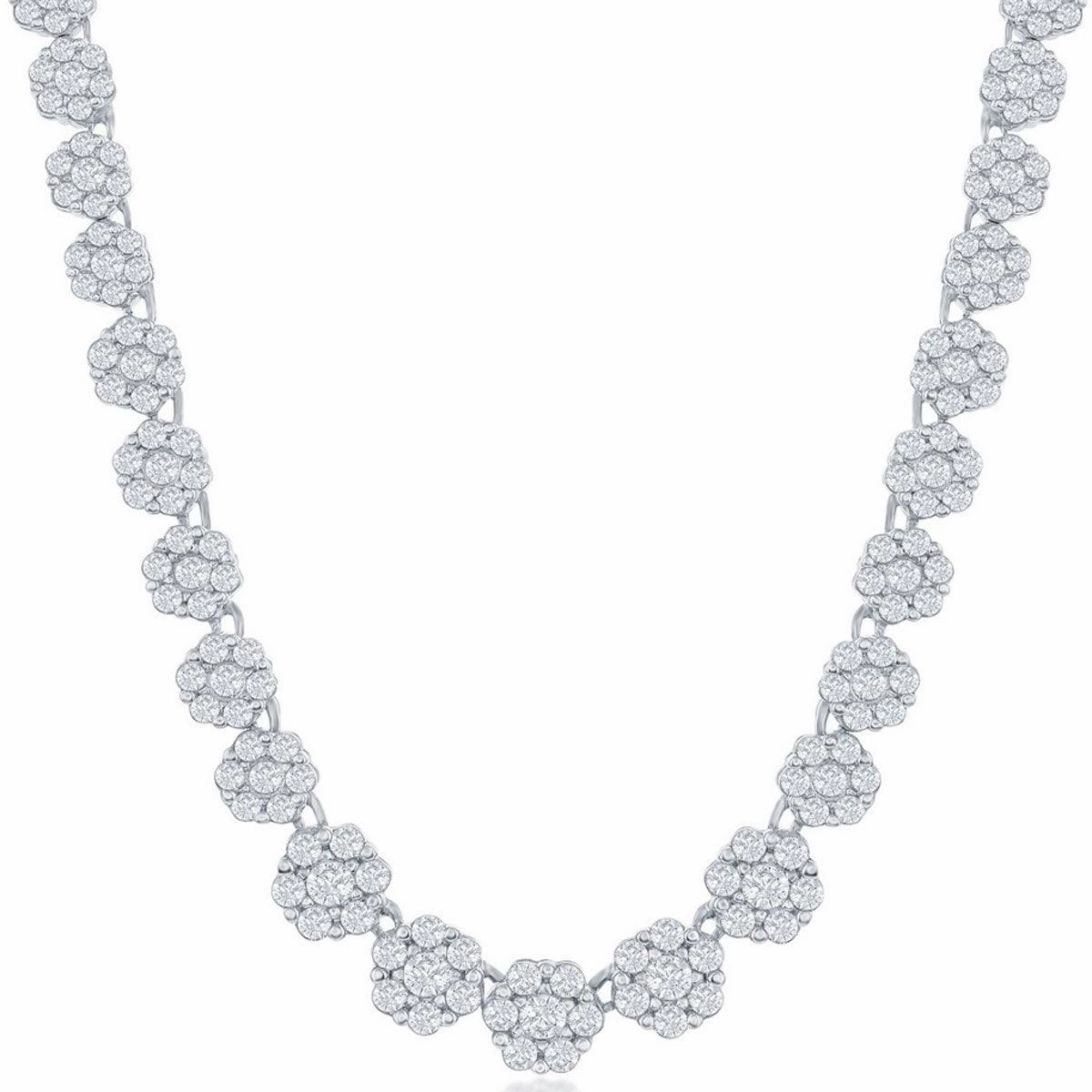 Classic Women's Necklace - Sterling Silver 4mm Graduating Flower CZ Tennis | M-6792