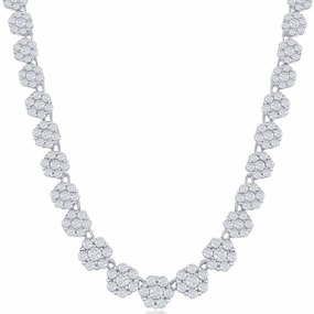 Classic Women's Necklace - Sterling Silver 4mm Graduating Flower CZ Tennis | M-6792