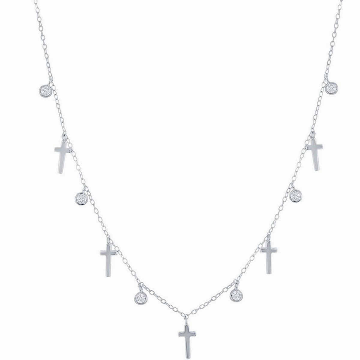 Classic Women's Necklace - Sterling Silver Alternating Cross and Bezel-Set CZ | M-6802