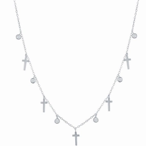 Classic Women's Necklace - Sterling Silver Alternating Cross and Bezel-Set CZ | M-6802