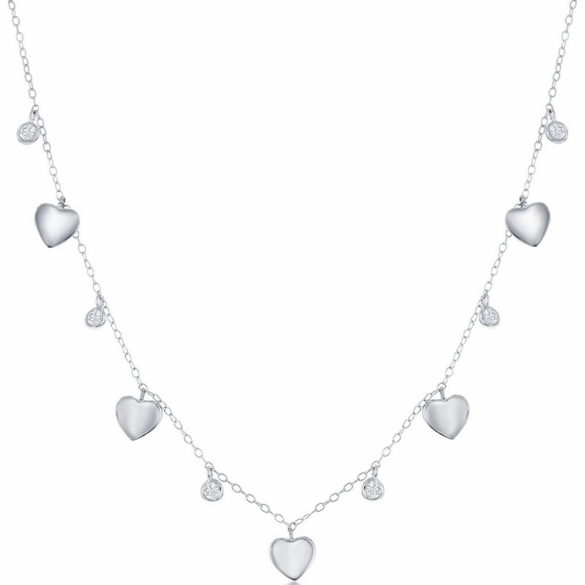 Classic Women's Necklace - Sterling Silver Alternating Heart and Bezel-Set CZ | M-6803